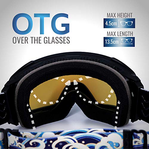 devembr OTG Gafas de Esquí Pro, Gafas para Snowboard Esféricos Sin Marco Anti-Empañamiento, Lente Intercambiable con Imán, Protección UV, para Hombre y Mujer, Carcasa Dura Incluida (Azul, VLT 29%)