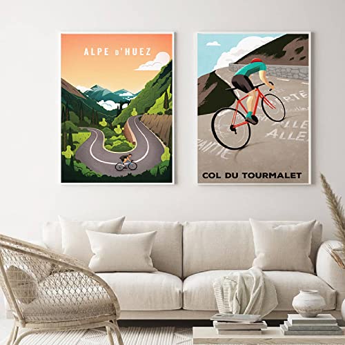 DFHDFH Alpe d'Huez Ciclismo Recuerdo Póster e impresión Vintage Pintura clásica en Lienzo Creatividad Arte de la Pared Regalo de Bicicleta Imágenes de decoración del hogar 40X60cmX2 Sin Marco