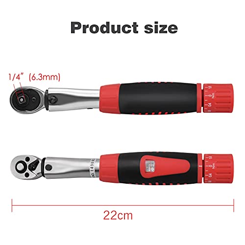 DIFCUL Llave dinamométrica para bicicleta y moto de 1/4 pulgadas, juego de 2-24 Nm, adaptador de par de apriete (rojo)