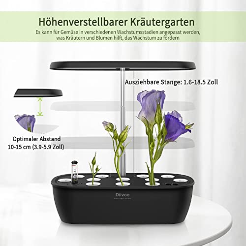 Diivoo Smart Garden Huerto de Interior, Sistema de Cultivo Hidropónico con luz de Invernadero LED, Jardín Interior Inteligentes con Temporizador, Altura Austable, 12 pods