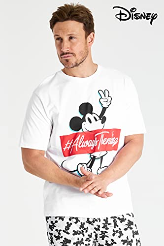 Disney Pijama Hombre, Mickey Mouse Pijamas Hombre de Algodon, Camiseta Manga Corta y Pantalon Largo, Regalos para Hombre y Adolescente Talla S-3XL (Blanco/Gris, XXL)