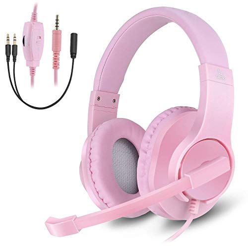 DIWUER Cascos Gaming, Auriculares Gaming para Ps4 Xbox One Nintendo Switch, con Sonido Envolvente y Reducción de Ruido, para iPad Cuaderno Computadora Teléfono Inteligente PC (Rosa)