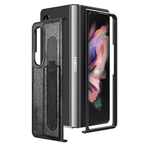 DoAo Carcasa Compatible con Samsung Galaxy Z Fold 3,con Soporte para bolígrafo S,Frontal y Trasera PC Case Textura de Cuero + Marco de PC.Funda para Samsung Galaxy Z Fold 3 Case Negro