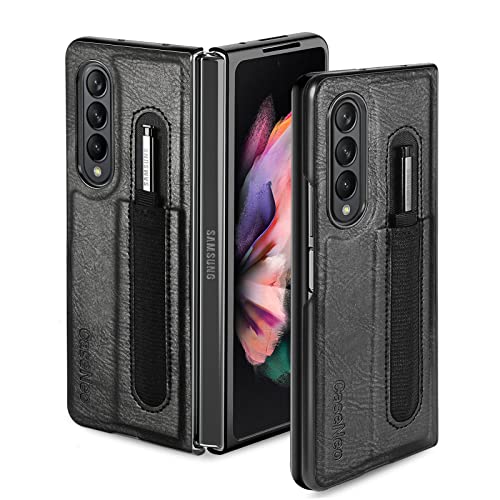 DoAo Carcasa Compatible con Samsung Galaxy Z Fold 3,con Soporte para bolígrafo S,Frontal y Trasera PC Case Textura de Cuero + Marco de PC.Funda para Samsung Galaxy Z Fold 3 Case Negro