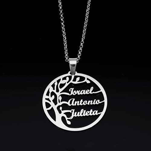 doble aro Collar Personalizado Árbol de la Vida para Mujer - Plata de Ley 925/1000 con Cadena Rolo de 42 cm + 3 cm de Alargador - Colgante Personalizado con Hasta 6 Nombres