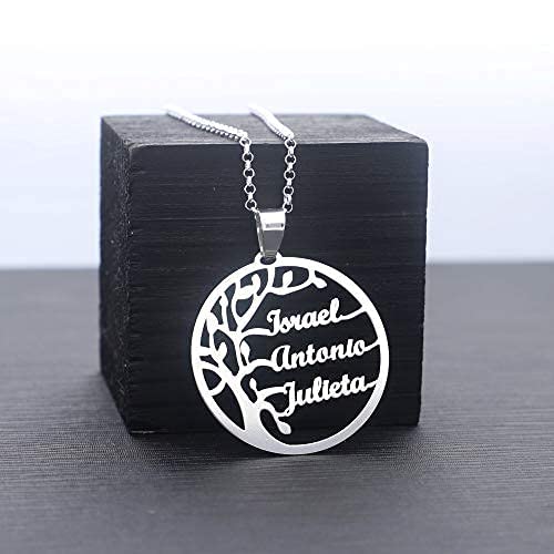 doble aro Collar Personalizado Árbol de la Vida para Mujer - Plata de Ley 925/1000 con Cadena Rolo de 42 cm + 3 cm de Alargador - Colgante Personalizado con Hasta 6 Nombres