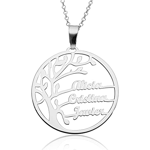 doble aro Collar Personalizado Árbol de la Vida para Mujer - Plata de Ley 925/1000 con Cadena Rolo de 42 cm + 3 cm de Alargador - Colgante Personalizado con Hasta 6 Nombres