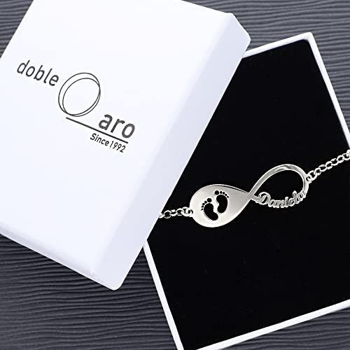 doble aro - Pulsera Infinito Personalizado con Nombres en Plata de Ley 925 - Entre 1 y 4 Nombres - Ideal para San Valentin o Día de la Madre. (Pulsera Infinito Pies, Plata de Ley 925)