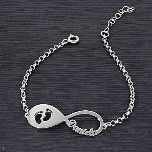 doble aro - Pulsera Infinito Personalizado con Nombres en Plata de Ley 925 - Entre 1 y 4 Nombres - Ideal para San Valentin o Día de la Madre. (Pulsera Infinito Pies, Plata de Ley 925)