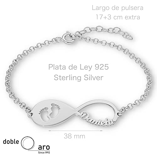 doble aro - Pulsera Infinito Personalizado con Nombres en Plata de Ley 925 - Entre 1 y 4 Nombres - Ideal para San Valentin o Día de la Madre. (Pulsera Infinito Pies, Plata de Ley 925)