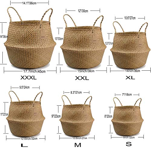 DOKOT Natural Seagrass Mimbre Cesta de Cesteria, Cestos para la Colada con Asa, Cesta Plegable para el Vientre Maceta, Decoracion para el Hogar Almacenar Juguetes, Ropa, Fruta o Plantas 27 x 24cm