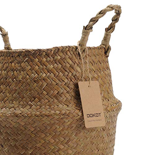 DOKOT Natural Seagrass Mimbre Cesta de Cesteria, Cestos para la Colada con Asa, Cesta Plegable para el Vientre Maceta, Decoracion para el Hogar Almacenar Juguetes, Ropa, Fruta o Plantas 27 x 24cm