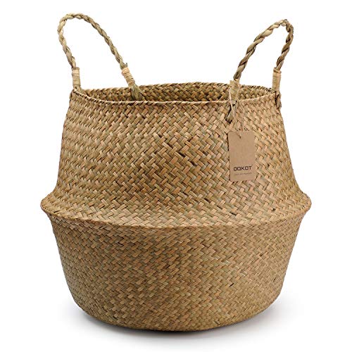 DOKOT Natural Seagrass Mimbre Cesta de Cesteria, Cestos para la Colada con Asa, Cesta Plegable para el Vientre Maceta, Decoracion para el Hogar Almacenar Juguetes, Ropa, Fruta o Plantas 27 x 24cm