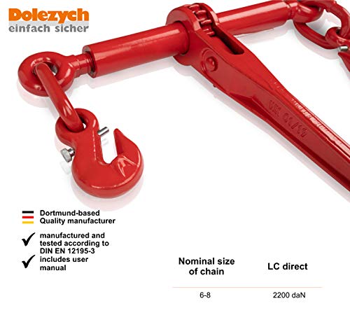 Dolezych Tensor Tipo Carraca con Gancho Acortador para Cadena de 6 mm, Capacidad de Amarre 2200 Dan - Rojo