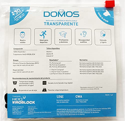 Domos Mascarilla Transparente Reutilizable UNE0065 CWA17533 fabricada en España (Talla M adulto)