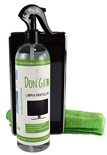 Don Gato - Limpiador de Pantalla + 2 Paños de Microfibras (500ml) para TV, Tableta, PC/portátil, LCD, LED, móvil. Hecho en España con Productos Naturales, sin Alcohol