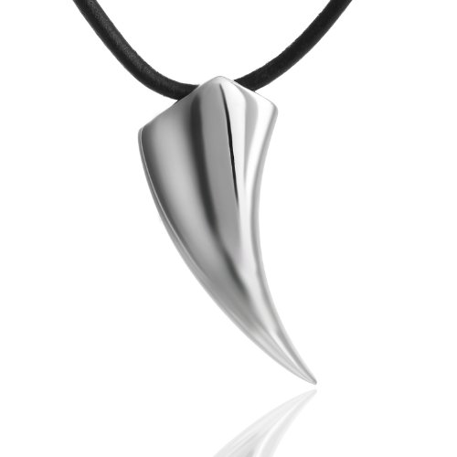 DonDon Collar de Cuero para Hombre 50 cm con Colgante de Acero Inoxidable Plata Lobo Diente