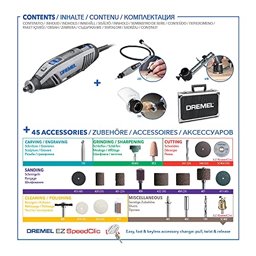 Dremel 4250 Herramienta rotativa de 175 W, kit multiherramienta Amazon Exclusive con 3 complementos y 45 accesorios, motor 175 W con retroalimentación electrónica, velocidad variable 5000-35 000 rpm