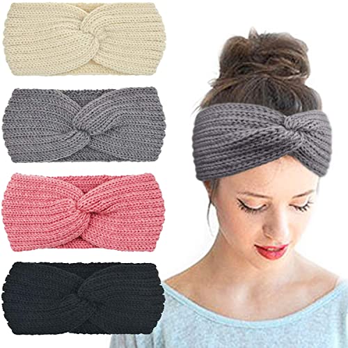 DRESHOW 4 Piezas Crochet Arco Turbante Knit Diadema Mujer Invierno Vendas Elasticas Anchas Tejida Lana Cintas Para El Pelo Banda de pelo más cálido