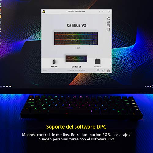 DREVO Calibur V2 TE 60% Teclado Mecánico para Juegos, Distribución QWERTY Españo, Compacto de 72 Teclas, Compatible con PC/Mac, USB Tipo C extraíble, Negro, Interruptor Outemu Azul