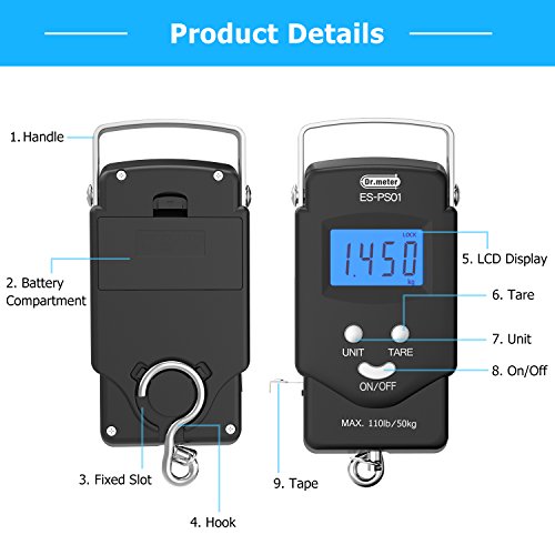 Dr.meter Equilibrio Electrónico Digital con Pantalla LCD Retroiluminado 110 Libras / 50kg con Cinta Métrica, 2 Pilas AAA Incluidas - Negro