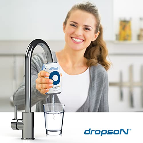 dropson Lata filtrante Filtro de Agua para Grifo, Membrana de microfiltración 100% Natural, 300 litros de Agua filtrada, monitorizable con Smartphone, Llena una Jarra de 1L en 1 min.