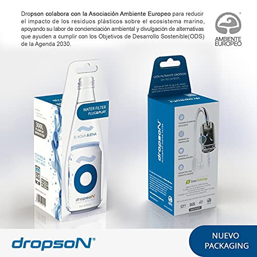 dropson Lata filtrante Filtro de Agua para Grifo, Membrana de microfiltración 100% Natural, 300 litros de Agua filtrada, monitorizable con Smartphone, Llena una Jarra de 1L en 1 min.