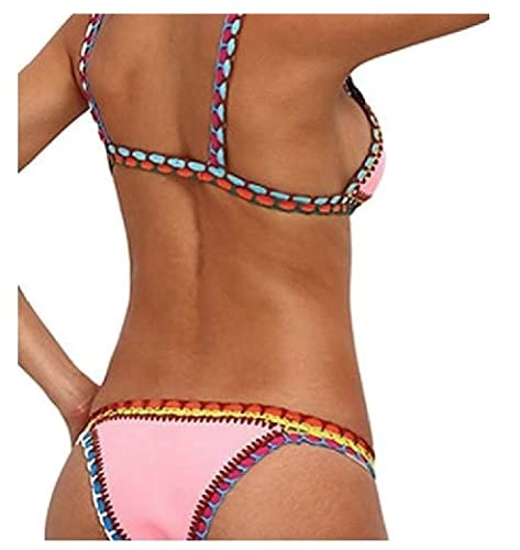 Ducomi Brasil Crochet - Traje de baño de mujer de 2 piezas, sujetador triangular y braguitas brasileñas - Bikini de playa a juego y sexy para niña - Disfraces supercon detalles de ganchillo, rosa, L