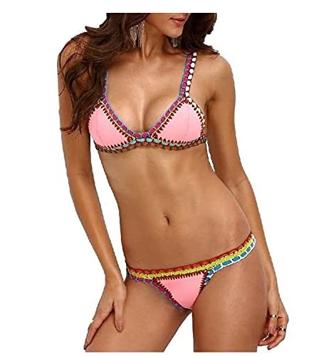 Ducomi Brasil Crochet - Traje de baño de mujer de 2 piezas, sujetador triangular y braguitas brasileñas - Bikini de playa a juego y sexy para niña - Disfraces supercon detalles de ganchillo, rosa, L