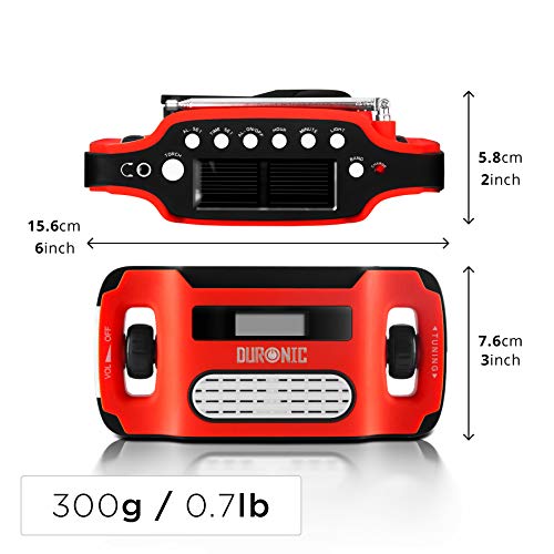 Duronic Apex Radio Am/FM Portátil - Carga Solar, USB o Dinamo - Linterna - Conector de Auriculares y Función de Alarma - Pantalla Digital Retroiluminada – Ideal para Emergencias, Camping, Senderismo