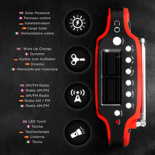 Duronic Apex Radio Am/FM Portátil - Carga Solar, USB o Dinamo - Linterna - Conector de Auriculares y Función de Alarma - Pantalla Digital Retroiluminada – Ideal para Emergencias, Camping, Senderismo