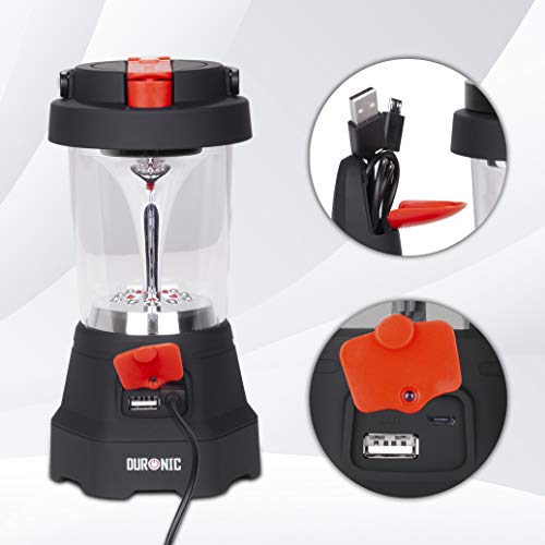 Duronic Hurricane Farol de Camping Recargable por Dinamo y USB con Linterna LED, Farol de Mano, Lámpara de 10 LED, Señal de Emergencia Roja Intermitente, Linterna de 3 LED