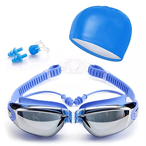 DUTTY Gafas de natación con tapa, tapón para los oídos, Clip para la nariz, antivaho, UV, gafas de natación, electrochapa, Waterprrof, gafas de silicona para adultos (B)