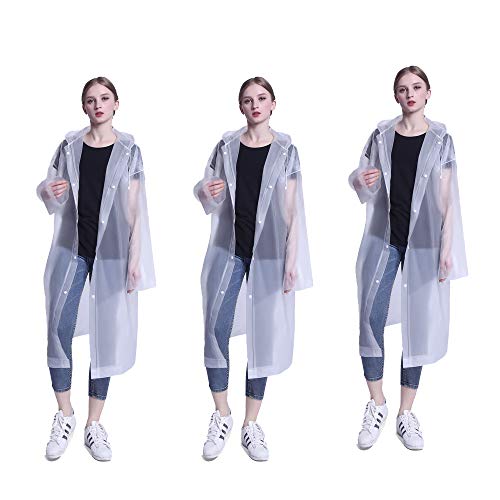 DXIA Paquete de 3 Chubasqueros Impermeable, Reutilizable Chubasquero Poncho con Mangas y Capucha, Impermeable y Transpirable para Mujer y Hombre de Camping para Senderismo Ciclismo Unisex (Blanco)