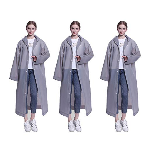 DXIA Paquete de 3 Chubasqueros Impermeable, Reutilizable Chubasquero Poncho con Mangas y Capucha, Impermeable y Transpirable para Mujer y Hombre de Camping para Senderismo Ciclismo Unisex (Gris)
