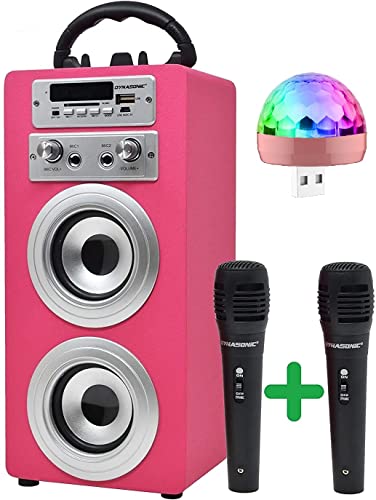 DYNASONIC - Altavoz Bluetooth Portatil Karaoke con Micrófonos Incluidos | Lector USB y SD, Radio FM Modelo 025 (Discoteca Luces Rosa)