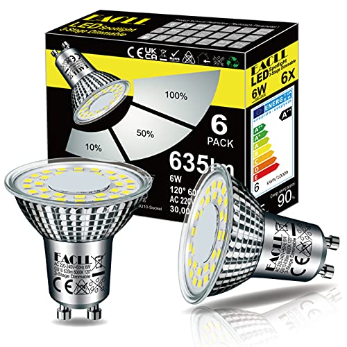 EACLL Bombillas LED GU10 Blanca Fría 6W Regulables de 3 Etapas, Pack de 6. 6000K 635 Lúmenes Reemplaza 85W Halógeno, 3 Brillos, Lámparas Reflectoras 3 en 1, Focos Sin Parpadeo