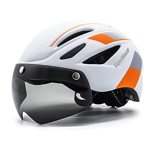 EASTINEAR Casco Bicicleta Adulto con Visera Extraíble Gafas Montaña Unisex Casco MTB con Luz Recargable para Hombre Mujer Casco de Ciclismo (Blanco Naranja)