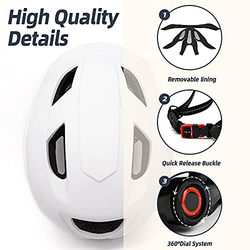 EASTINEAR Casco Bicicleta Adulto para Hombre Mujere con Luz Trasera LED Casco Ciclismo para Viajeros Urbanos con Visera Tamaño Ajustable 57-61 CM (Blanco)