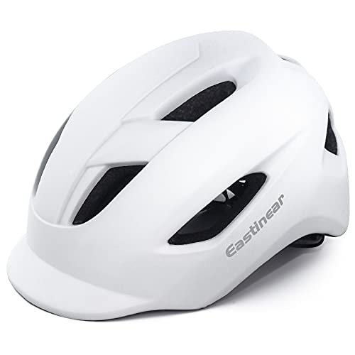 EASTINEAR Casco Bicicleta Adulto para Hombre Mujere con Luz Trasera LED Casco Ciclismo para Viajeros Urbanos con Visera Tamaño Ajustable 57-61 CM (Blanco)