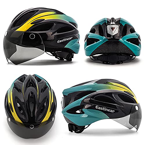 EASTINEAR Casco Bicicleta para Adultos con Gafas Hombre Mujer Casco Bicicleta con Luz de Seguridad LED Casco Ciclismo de Montaña y Carretera Tamaño Ajustable M/L 57-61cm (Negro Cian)