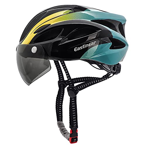 EASTINEAR Casco Bicicleta para Adultos con Gafas Hombre Mujer Casco Bicicleta con Luz de Seguridad LED Casco Ciclismo de Montaña y Carretera Tamaño Ajustable M/L 57-61cm (Negro Cian)