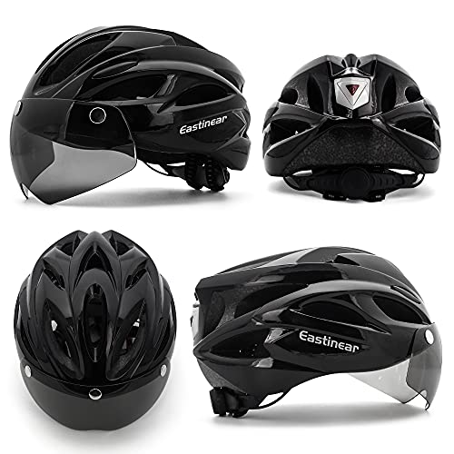 EASTINEAR Casco Bicicleta para Adultos con Gafas Hombre Mujer Casco Bicicleta con Luz de Seguridad LED Casco Ciclismo de Montaña y Carretera Tamaño Ajustable M/L 57-61cm (Negro)