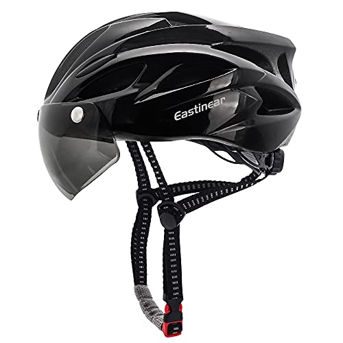 EASTINEAR Casco Bicicleta para Adultos con Gafas Hombre Mujer Casco Bicicleta con Luz de Seguridad LED Casco Ciclismo de Montaña y Carretera Tamaño Ajustable M/L 57-61cm (Negro)