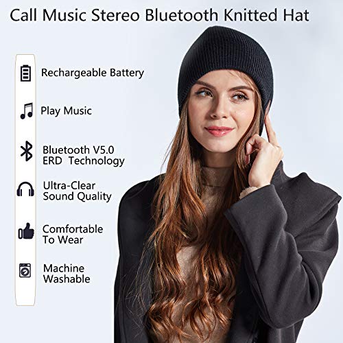 EasyULT Bluetooth Gorro Invierno, Unisex Gorro Bluetooth 5.0 música Recargable, Micrófono para Llamadas Manos Libres, Regalo para Hombres, Mujeres, para Deportes al Aire Libre(Negro)