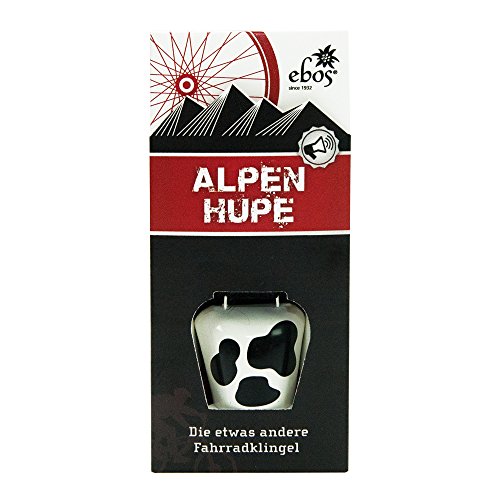 ebos Alpenhupe, Cencerro como Timbre de Bicicleta, Compatible con Todas Las Bicicletas, Abrazadera de Bicicleta Resistente a la Intemperie, Timbre con un Alto Sonido para Cada Manillar (Blanco/Negro)