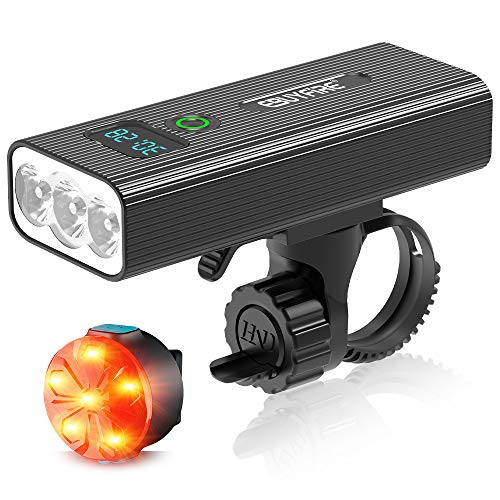 EBUYFIRE Luz Bicicleta Recargable USB,Luces LED Bicicleta Delantera y Trasera,5 Modos,5200 mAh Luz Bicicleta Potente Delantera con Pantalla Digital LED para Todas Las Bicicleta (1200lumen)