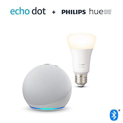 Echo Dot (4.ª generación), Blanco + Philips Hue Bombilla Inteligente (E27), compatible con Alexa