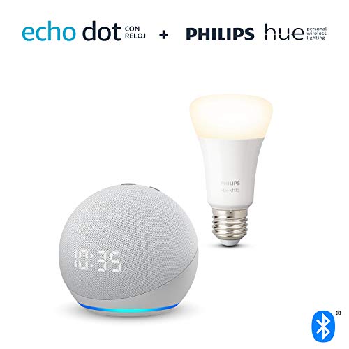 Echo Dot (4.ª generación) con reloj, Blanco + Philips Hue Bombilla Inteligente (E27), compatible con Alexa