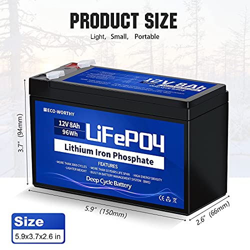 ECO-WORTHY 8Ah 12V Batería de Litio LiFePO4 Ciclo Profundo 3000 Veces Recargable fosfato de Litio y Hierro con BMS para Coche de Niños,Stock de Energía Solar,Alarma Sistema, Aplicación Fuera de la Red